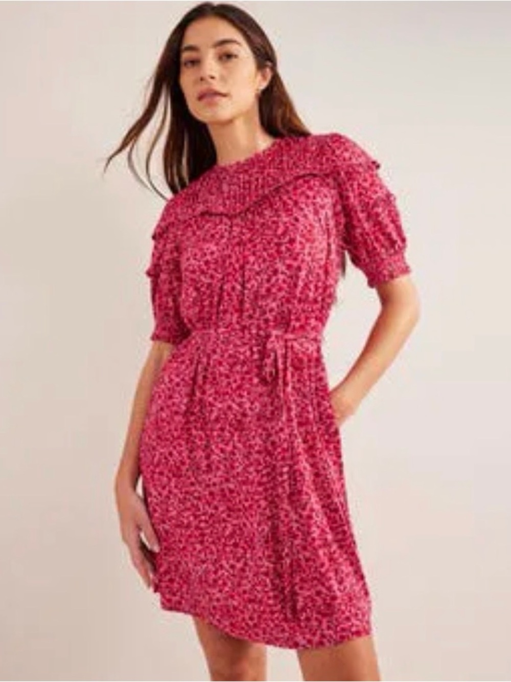 Boden Pink Floral Ruffled Short-Sleeve Mini Dress